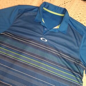 Oakley High Crest Polo Mens XL Laser Blue Golf Casual Stripe Shirt Performance